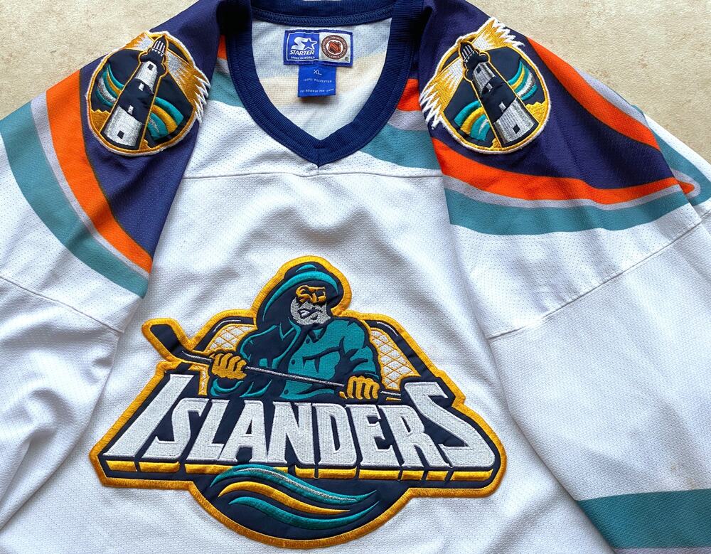 New York Islanders 90s STARTER Fisherman jersey XL white home NHL hockey vintage